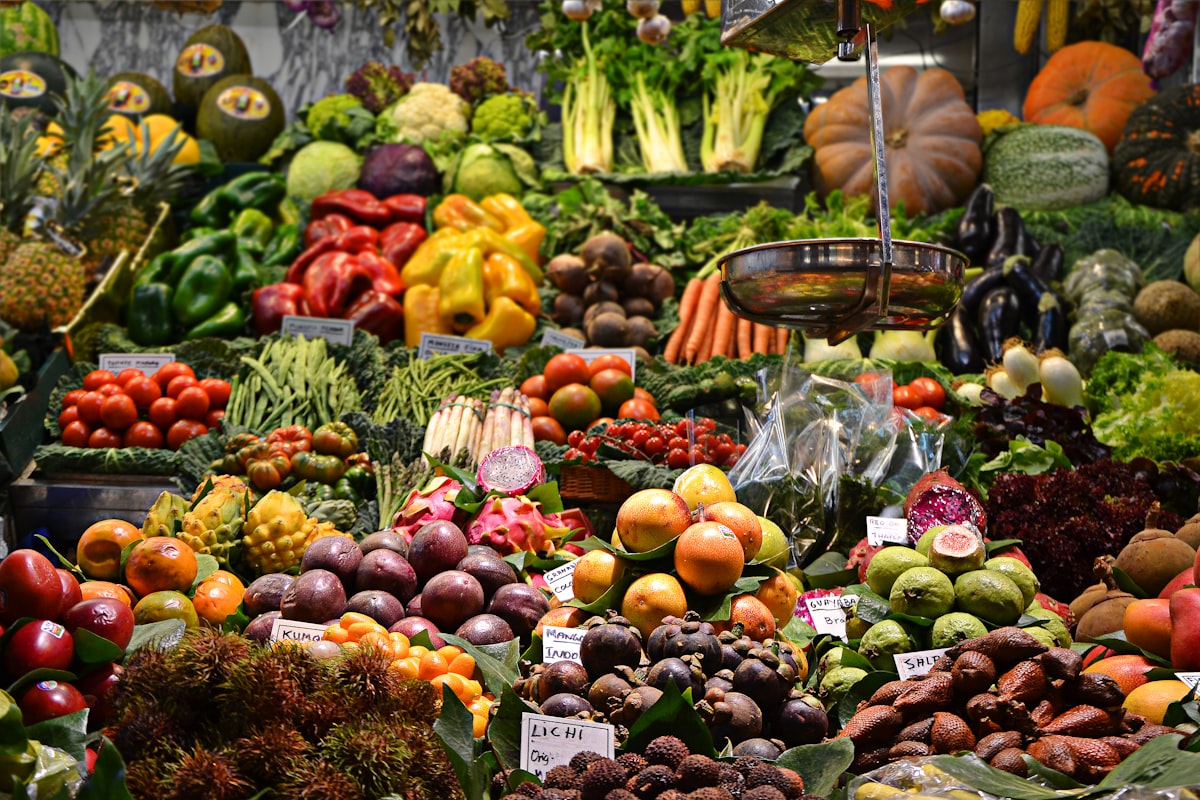 Colorful produce display at a market stall
